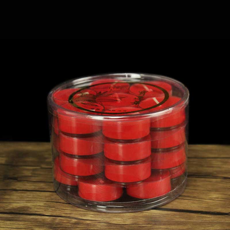 Lotus Candle Holder – Red tealights in clear container with lotus lid label, ritual devotion