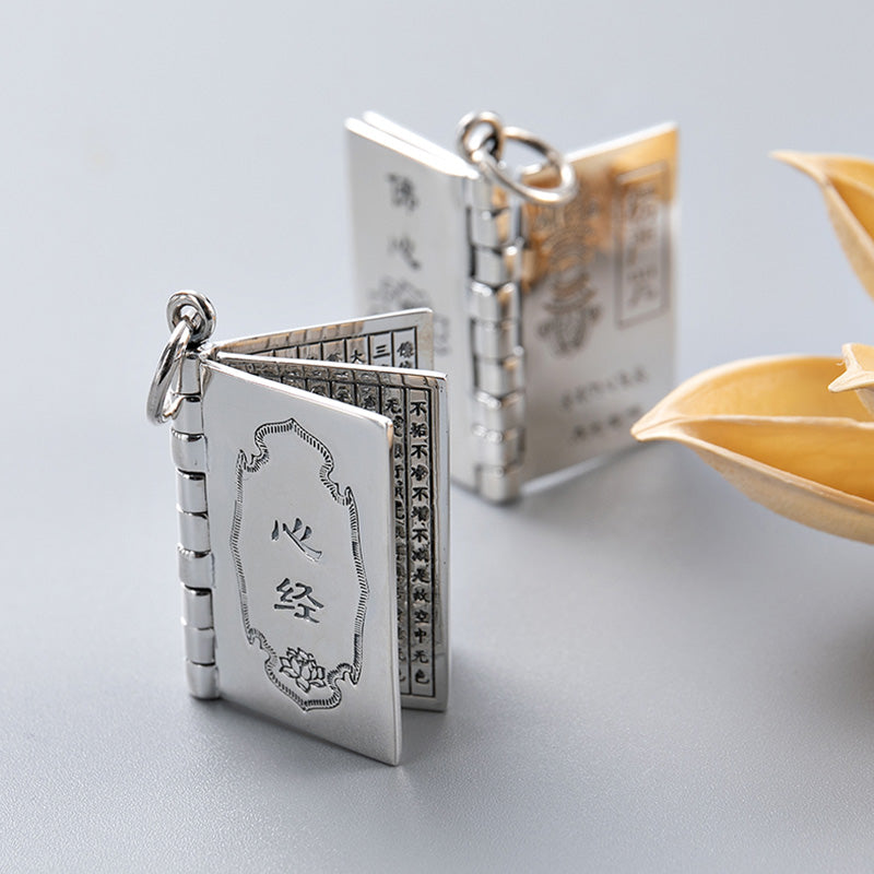 Sterling Silver Heart Sutra Pendant – Book locket 33x24mm with lotus, precision craft, zen