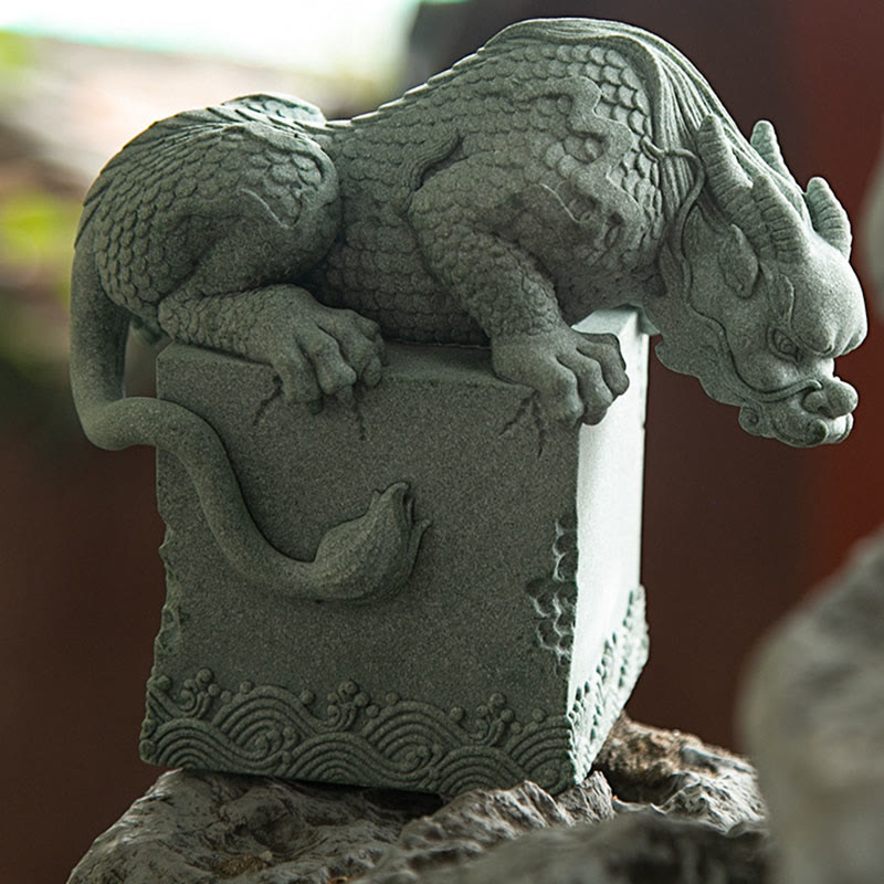 Feng Shui Dragon Sandstone Statue dual-panel dragon head and claw close-up, granular stone, fierce