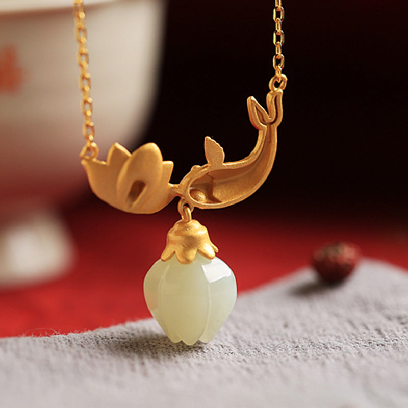 White Jade Koi Fish Necklace – lotus and fish tail pendant with celadon jade bud on gray linen, artisan jewelry