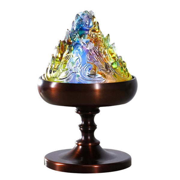 Crystal Mountain Incense Burner – translucent rainbow glass mountain on bronze pedestal, liuli incense burner