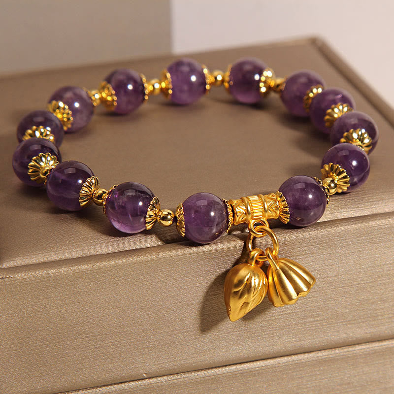 Natural Amethyst Lotus Healing Bracelet - amethyst beads gold filigree spacers with leaf charm, healing