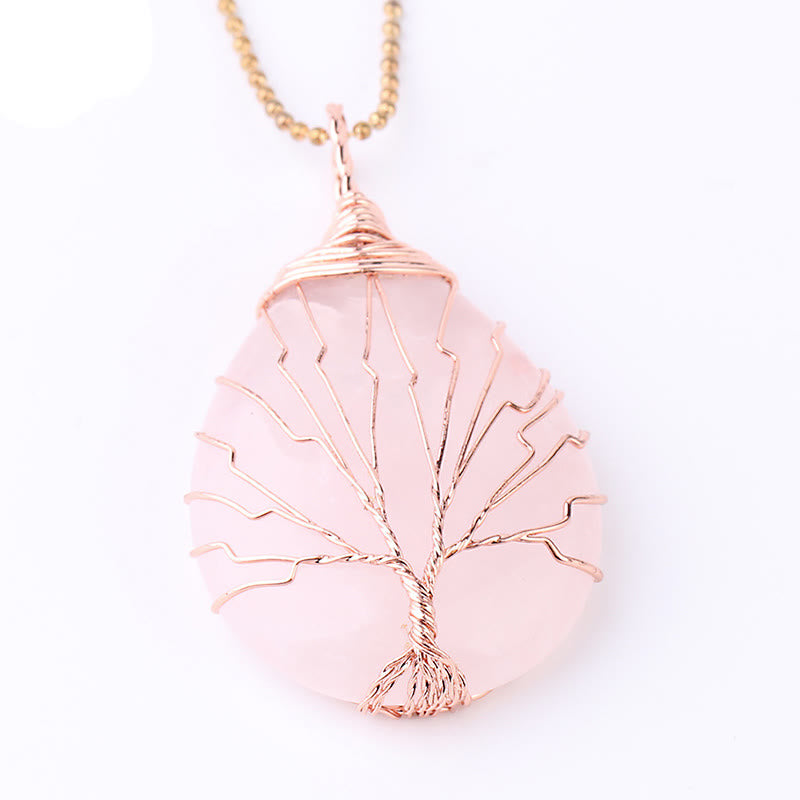 Quartz Crystal Tree of Life Necklace – rose quartz pink pendant, rose gold wire tree, white background, love
