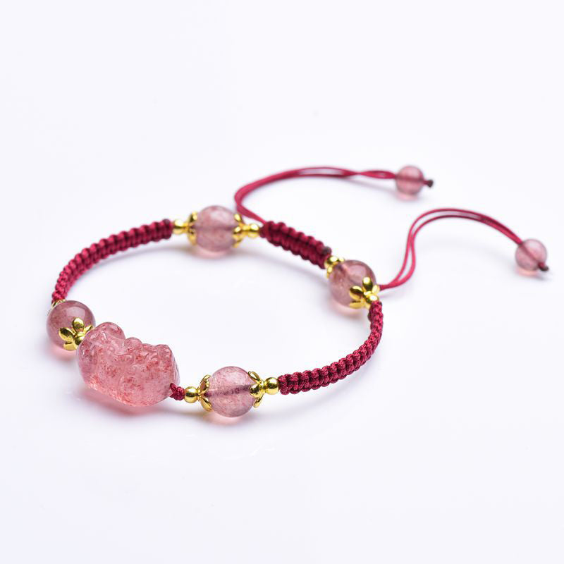 Strawberry Crystal PiXiu Charm Lucky Red String Bracelet – white background display of full bracelet with adjustable sliding knots, love healing jewelry