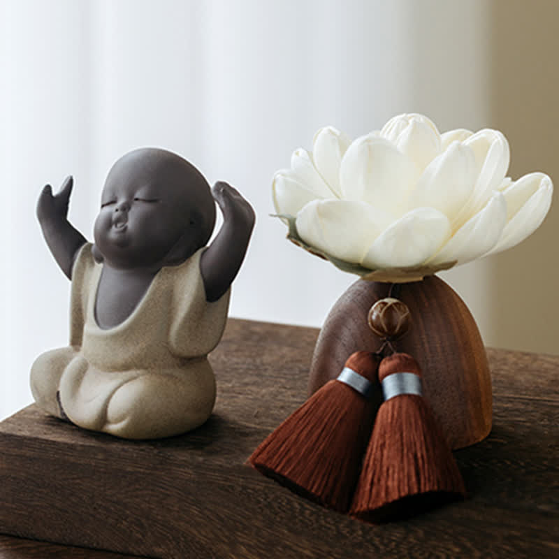 Black Peach Wood Buddha Flower Decoration – size comparison with coffee cup, compact decorative piece