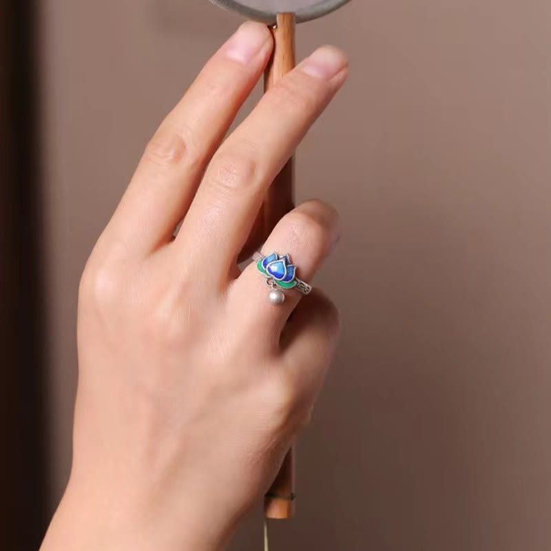 Lotus Flower Copper Ring - gradient blue lotus with pearl charm worn on ring finger, awakening