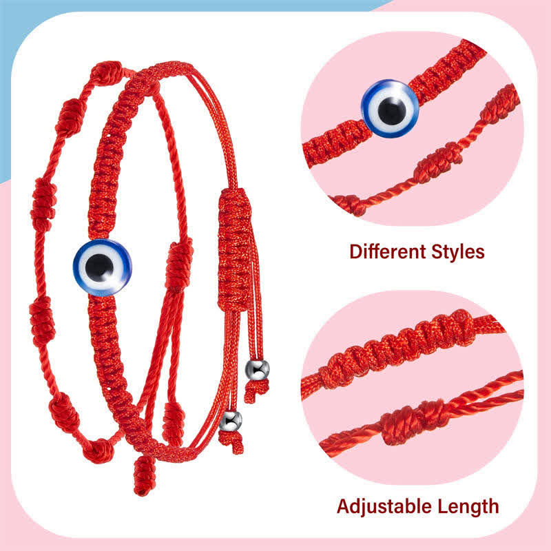 4Pcs Evil Eye Red String – Red macrame bracelet with blue nazar evil eye bead, adjustable knot closure