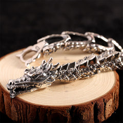 Sterling Silver Dragon Bangle - Open mouth dragon head with fangs on driftwood, masculine style