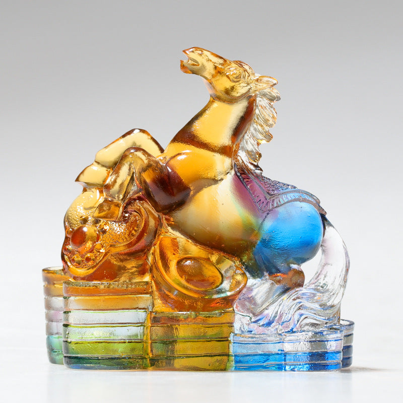 12 Zodiac Liuli Dragon Art Piece – Rearing amber-to-blue crystal horse with gold ingots, success symbol