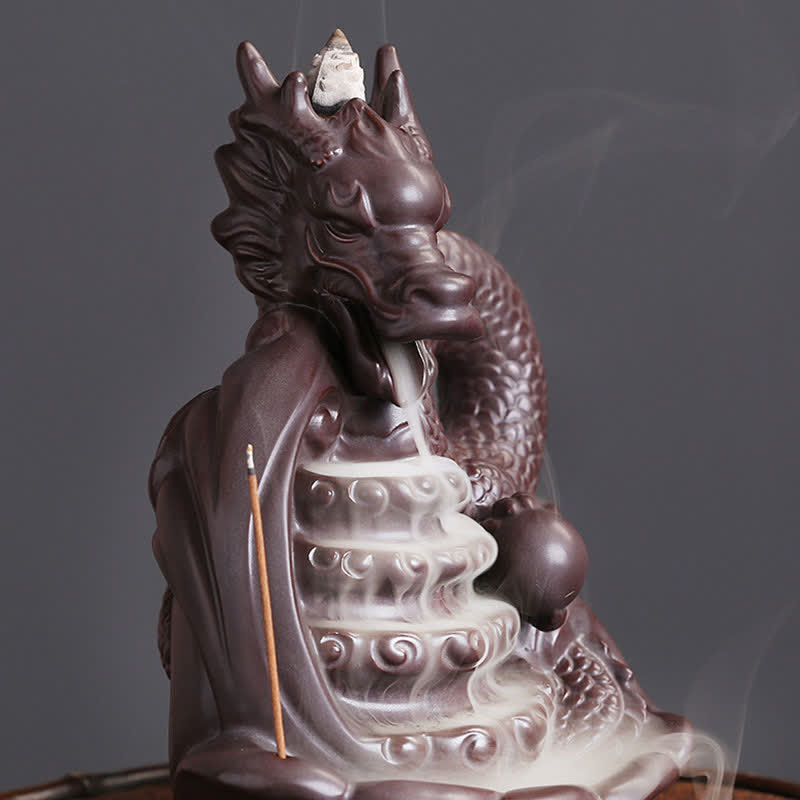 Dragon Pattern Ceramic Incense Burner – active smoke waterfall cascading from dragon mouth, Meditation