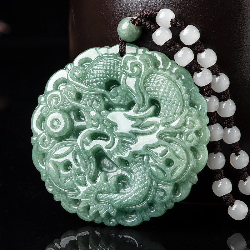 Dragon Jade Fortune Necklace – Carved green jade dragon disc on white beaded cord, Prosperity