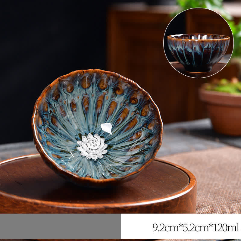 Lotus Peacock Dragon Phoenix Koi Fish Ceramic Teacup – peacock and dragon side panel, multicolor glaze detail