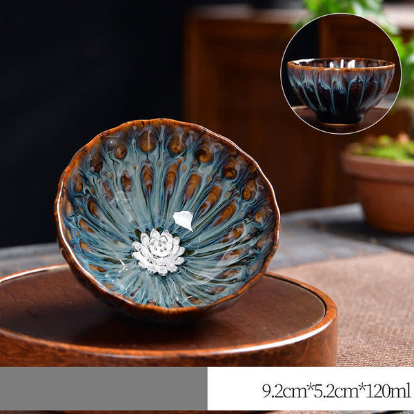 Lotus Peacock Dragon Phoenix Koi Fish Ceramic Teacup – peacock and dragon side panel, multicolor glaze detail