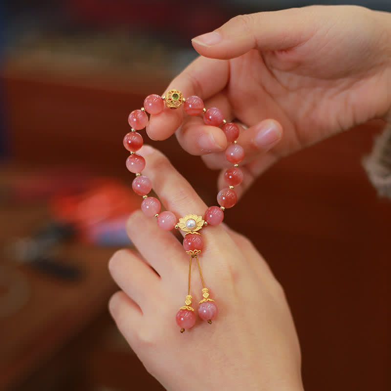 925 Silver Yanyuan Agate Lotus Bracelet – pink stone beads lotus charm in hands, handmade beaded bracelet