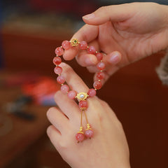 925 Silver Yanyuan Agate Lotus Bracelet – pink stone beads lotus charm in hands, handmade beaded bracelet