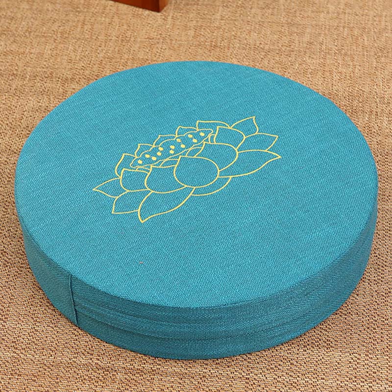 Teal Lotus Meditation Cushion - Gold lotus embroidery on turquoise linen zafu, yoga seating