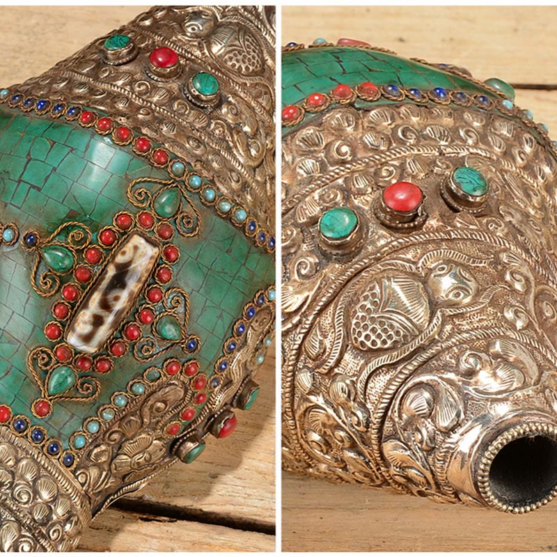 Double Dorje Shankha Conch – macro of dorje prong tips with flame engraving, vajra fire detail craft