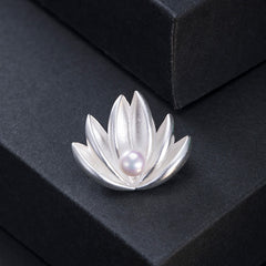 Silver Lotus Pearl Brooch – Silver lotus pin with pearl on gift box, Luxury accessory