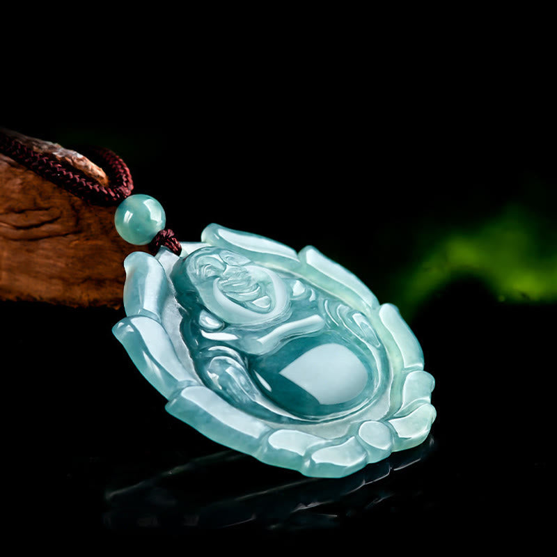 Natural Jade Laughing Buddha Lotus Luck Necklace Pendant – macro of natural jade inclusions, handcrafted gemstone art