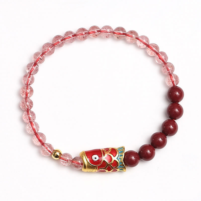 Strawberry Quartz Koi Bracelet – diagonal composition on linen cloth with soft shadow detail