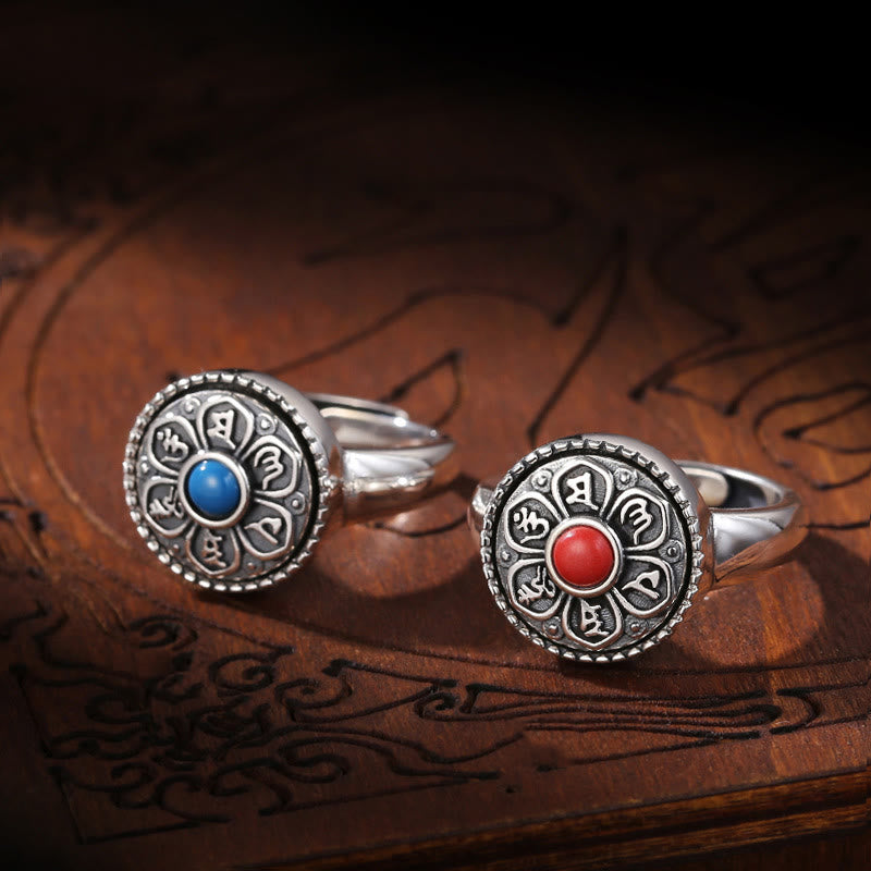 Tibetan Om Mani Padme Hum Ring – Red and blue pair styled on wood, copper ring