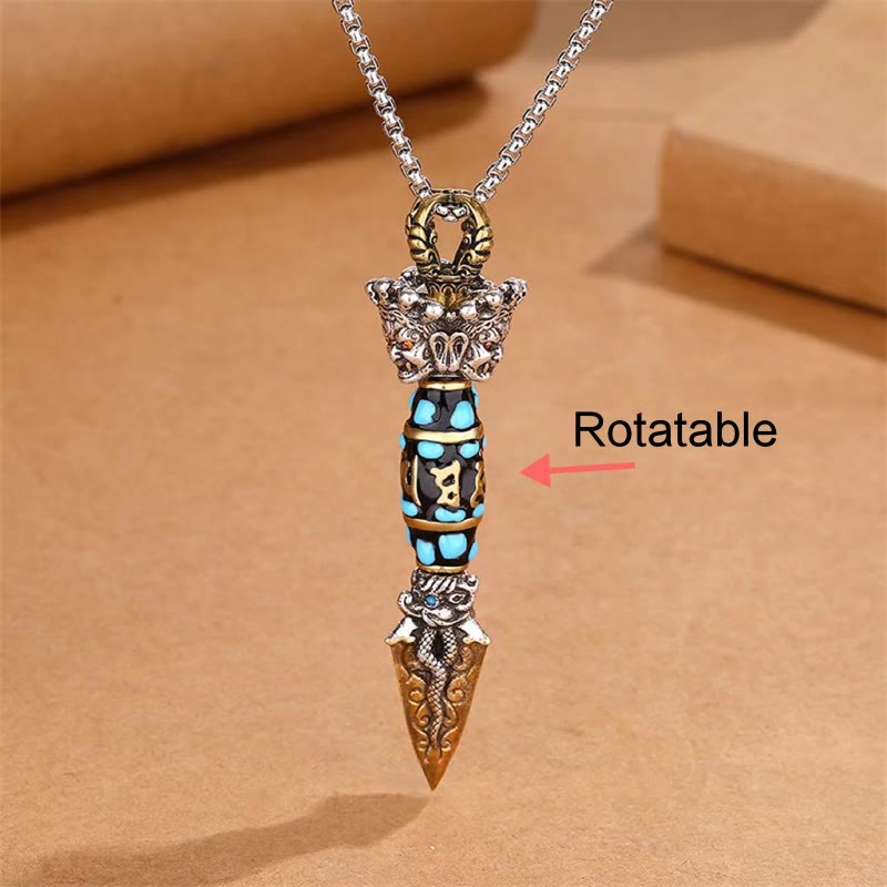 Tibetan Dzi Bead Dorje Pendant - Featured with rotatable middle barrel on textured paper, dorje prayer wheel pendant