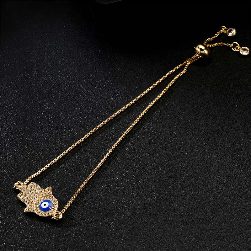 Gold Hamsa Evil Eye Bracelet Double Box Chain Adjustable Slider with Crystal Pavé Detail