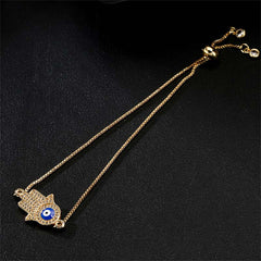 Gold Hamsa Evil Eye Bracelet Double Box Chain Adjustable Slider with Crystal Pavé Detail