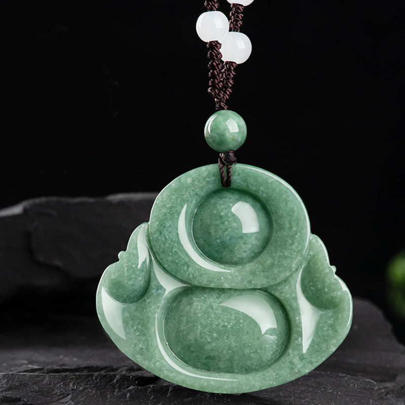 Laughing Buddha Cyan Jade Harmony Necklace – Cheerful Hotei figure carved from natural cyan jade, abundance necklace