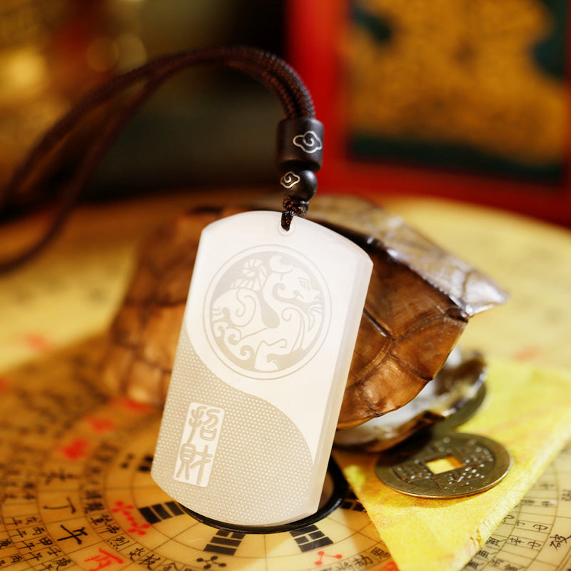 White Jade PiXiu Pendant – White jade pendant with PiXiu yin-yang on traditional compass with tortoise shell