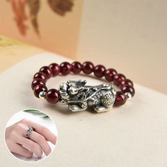 Silver Garnet PiXiu Ring – Deep red garnet beaded band with antique silver PiXiu charm, wealth jewelry