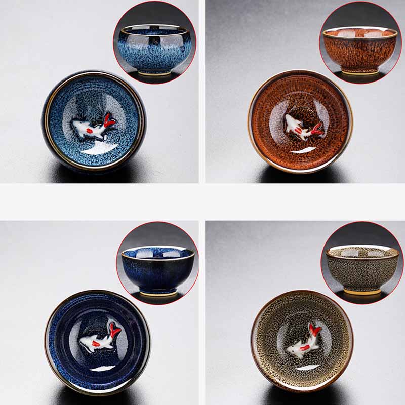 Jianzhan Koi Teacup – complete tea setting with cup lid and saucer, ceramic tea set