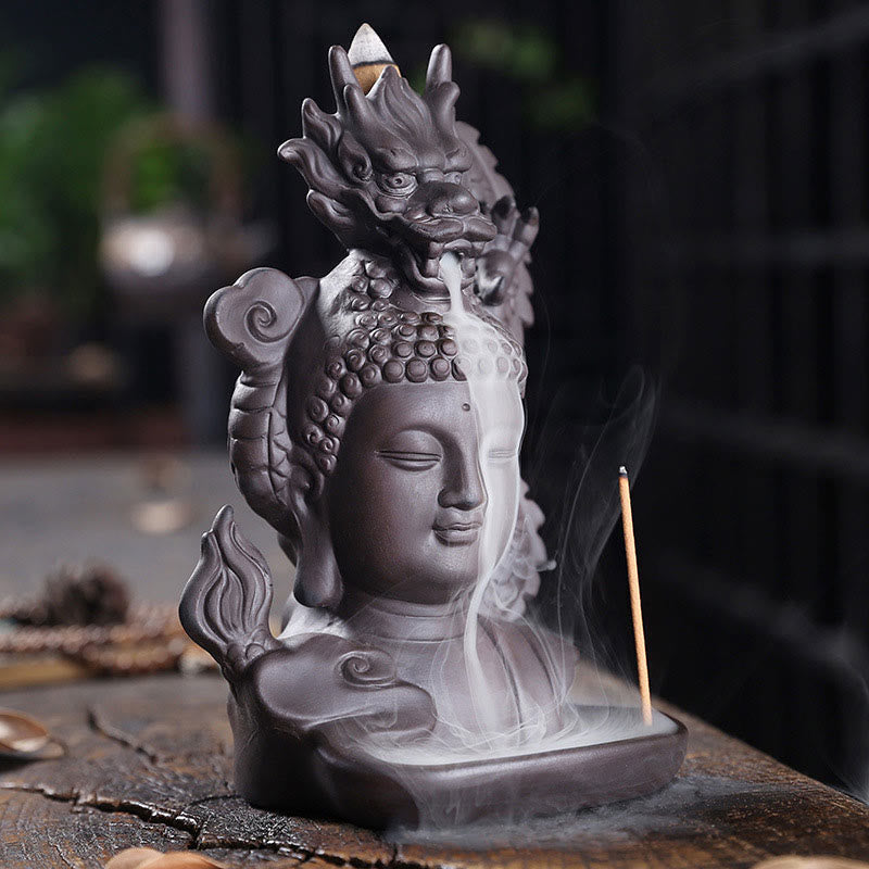 Dragon Buddha Incense Burner - Close-up of dragon relief on purple clay, feng shui decor