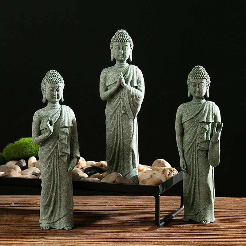 Green Sandstone Buddha Statue – Three standing Buddhas on zen pebble tray, group front