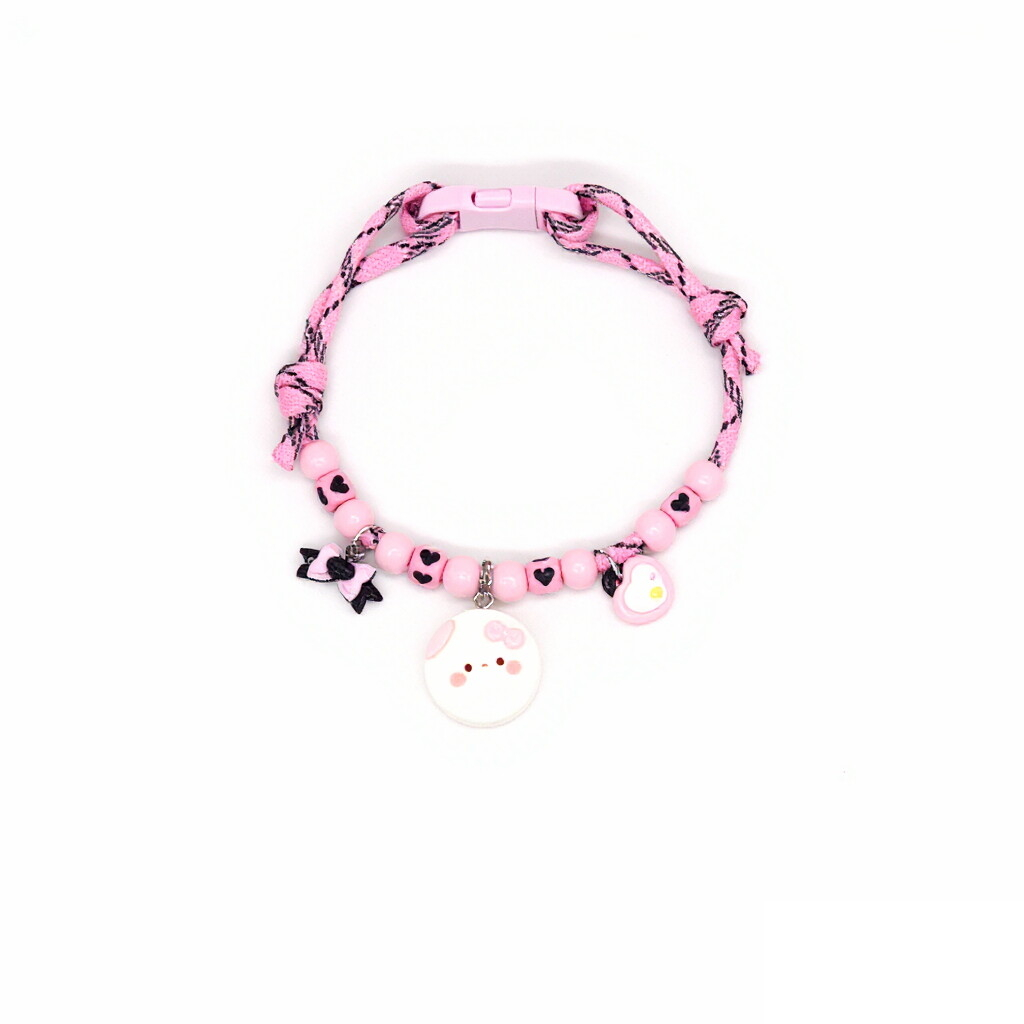 Cat Collar – Pink-black rope with bow, cat face & heart charms, kawaii adjustable pet necklace