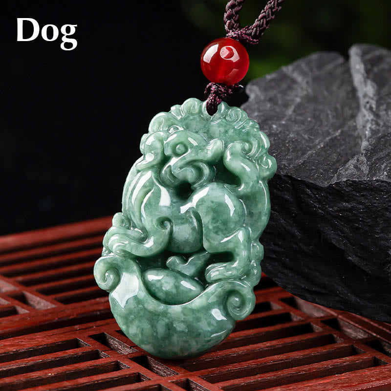 Jade Zodiac Prosperity Necklace – Dog zodiac on wooden display stand, protective