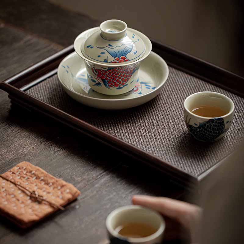 Koi Sancai Teacup – detail of sancai three-color glaze flow, ceramic art