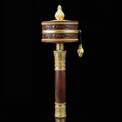 Copper Tibetan Prayer Wheel – Front view with gold mantra bands and lotus finial, spiritual ritual tool