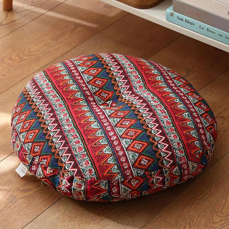 Lotus Linen Meditation Cushion – Tribal geometric red pattern with blue accents