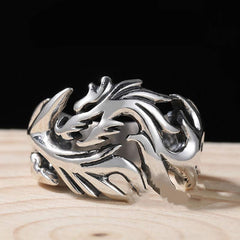 Dragon Pattern Protection Ring – tribal dragon on natural wood, Mystical