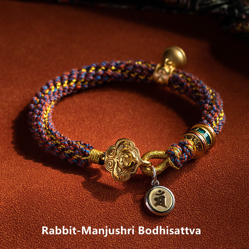 Om Mani Padme Hum Braided Bracelet – Rabbit zodiac with Manjushri gold medallion and mantra pendant, luck bracelet