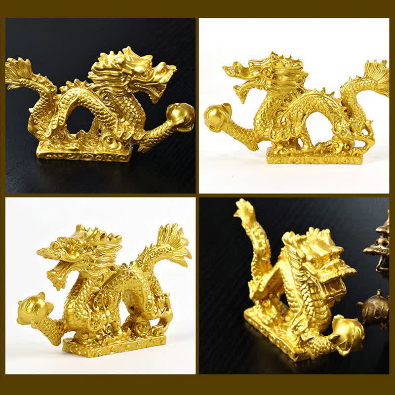 Dragon Wealth Statue - four-angle view black white backdrop gold, ornate, auspicious