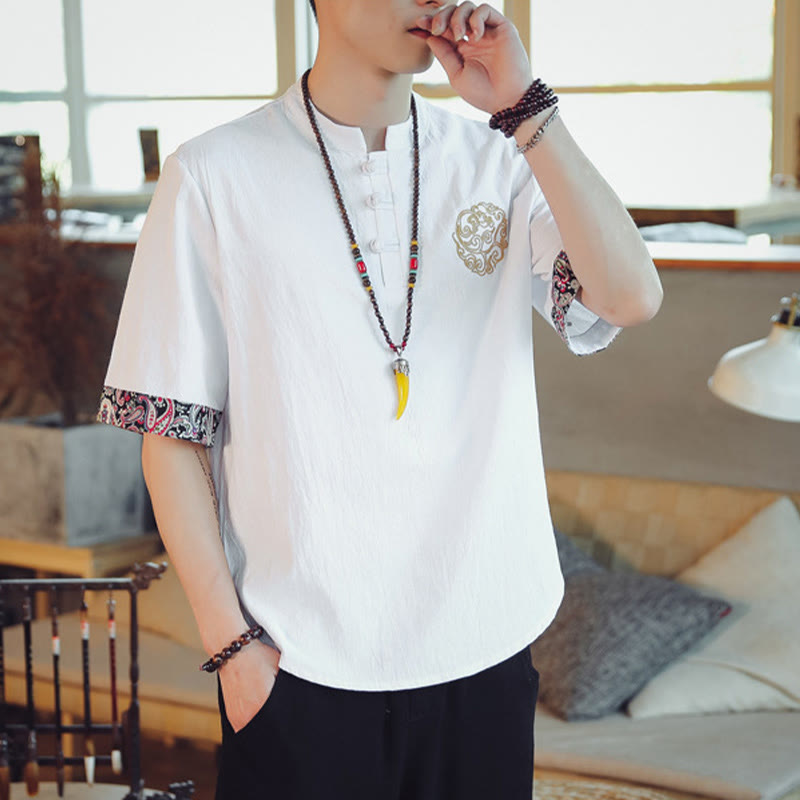 Dragon Embroidery Frog-Button Linen Tang Suit Shirt - White Tang suit with gold cloud embroidery, cultural