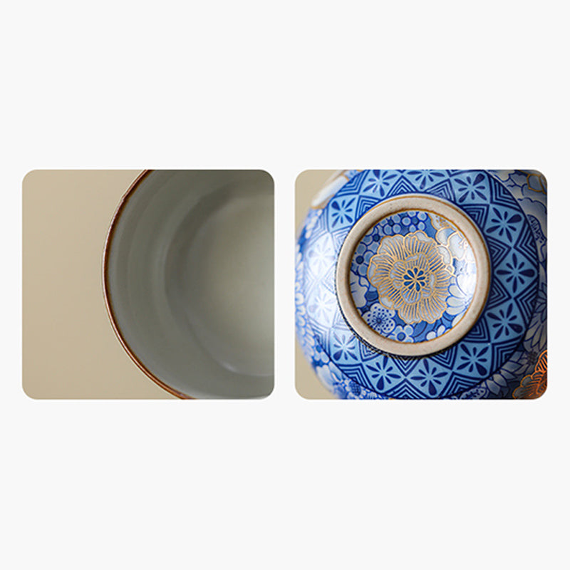 Lotus Chrysanthemum Ceramic Tea Cup - Interior and base dual view showing cream glaze and foot ring, detailed