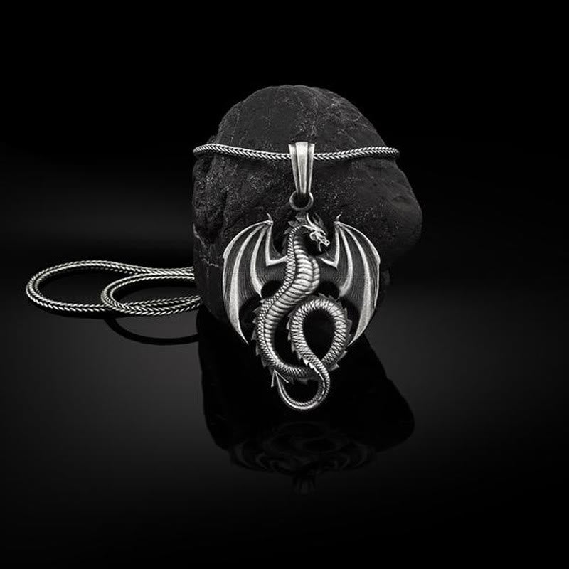 Pure Tin Dragon Necklace - Winged dragon on black stone with rope chain, antiqued silver, bold luck charm