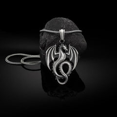 Pure Tin Dragon Necklace - Winged dragon on black stone with rope chain, antiqued silver, bold luck charm