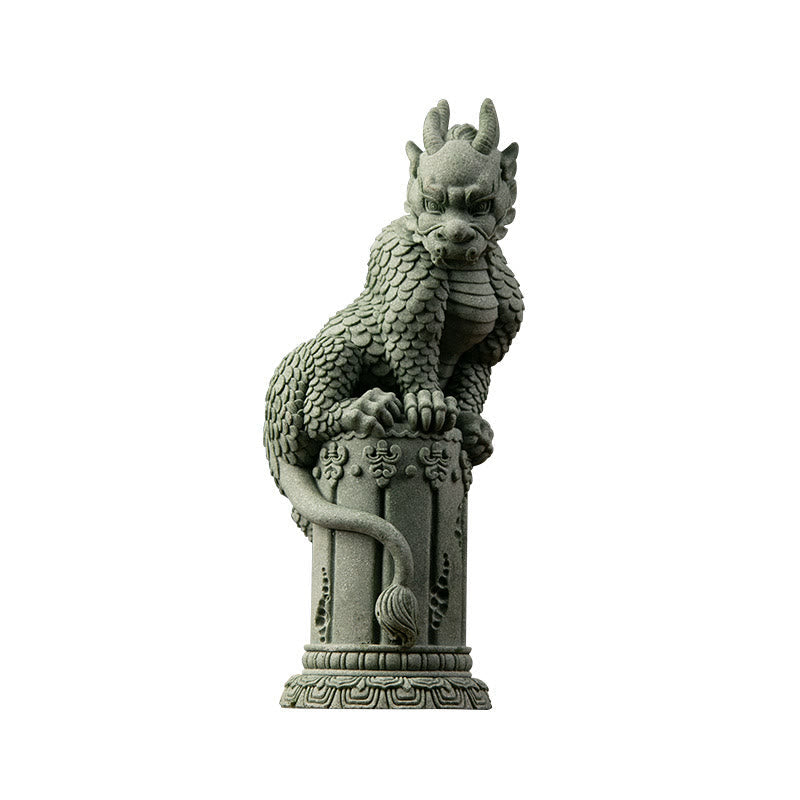 Feng Shui Dragon Sandstone Statue crouching dragon on pedestal, black backdrop, wave carvings, auspicious