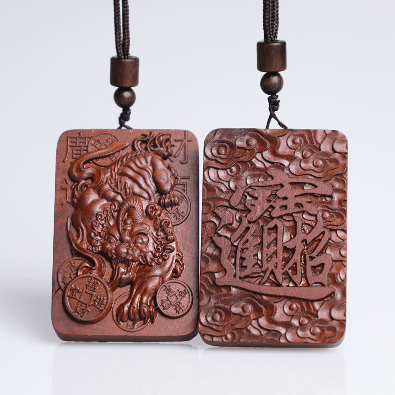 Lightning Struck Jujube Wood PiXiu – Jujube wood PiXiu carving with coins on wood