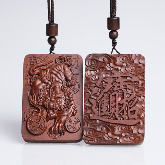 Lightning Struck Jujube Wood PiXiu – Jujube wood PiXiu carving with coins on wood