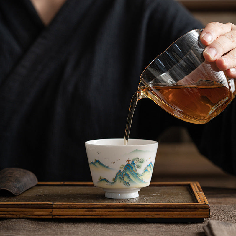 Ceramic Kung Fu Tea Cup – two cups with amber tea on bamboo tray, landscape painting, gongdao pitcher, authentic